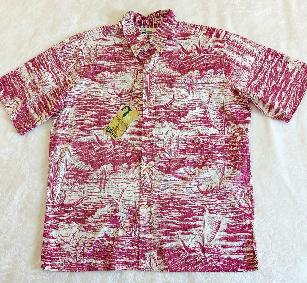 NWT Reyn Spooner Size L Ino Kai Outrigger Sailing Canoe Dark Pink Hawaiian Shirt